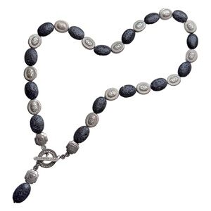 VINTAGE 28” Chunky Black Lava Stone Necklace w/ Silver Rose Beads & Toggle Clasp